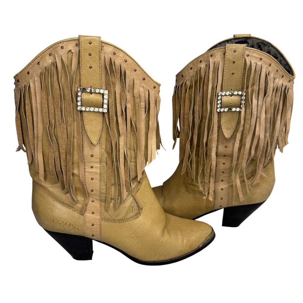 Vtg Dingo Tan Leather Western Cowgirl Boots Fringe Rhinestone Buckle Heel Sz 8.5